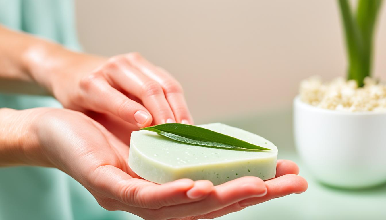 Close-up of a hand delicately holding a bar of soap with natural ingredients, surrounded by fresh aloe vera leaves and soothing oatmeal. The skin on the hand shows red, inflamed patches of eczema, but the person's expression is hopeful and determined to find relief through gentle, nourishing care.